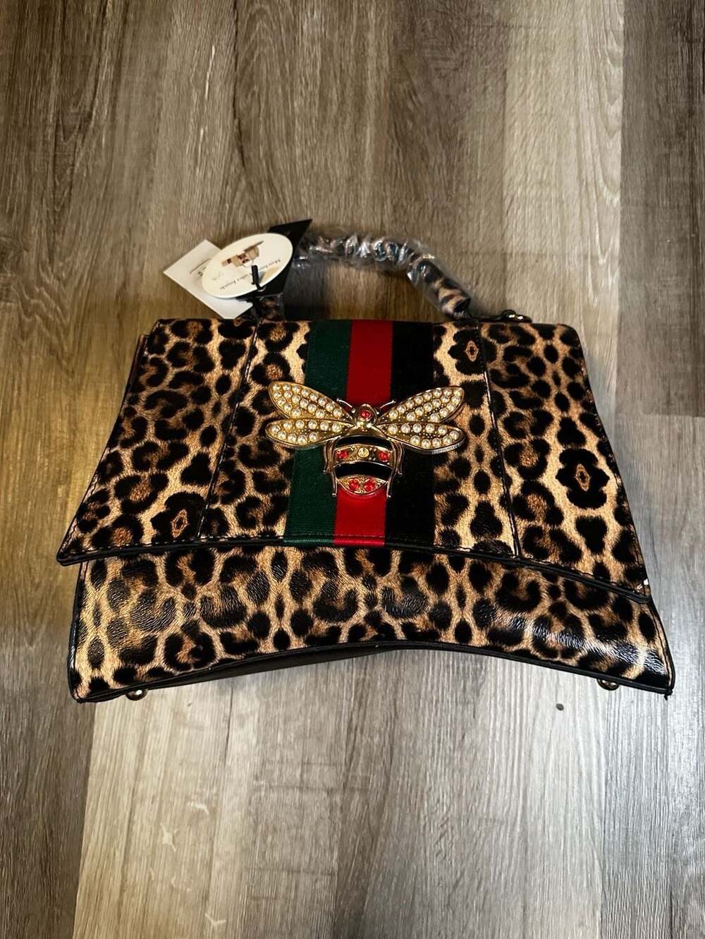 Soulfina Vegan Leopard Print Satchel with Bee Embellishment